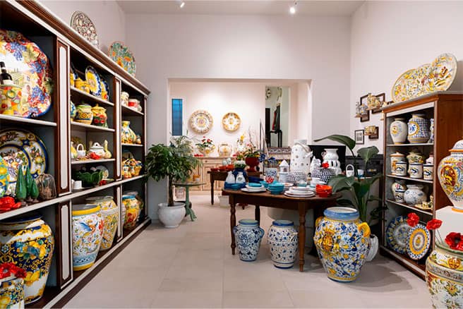 Colorful Florence pottery collection at La Galleria shop.